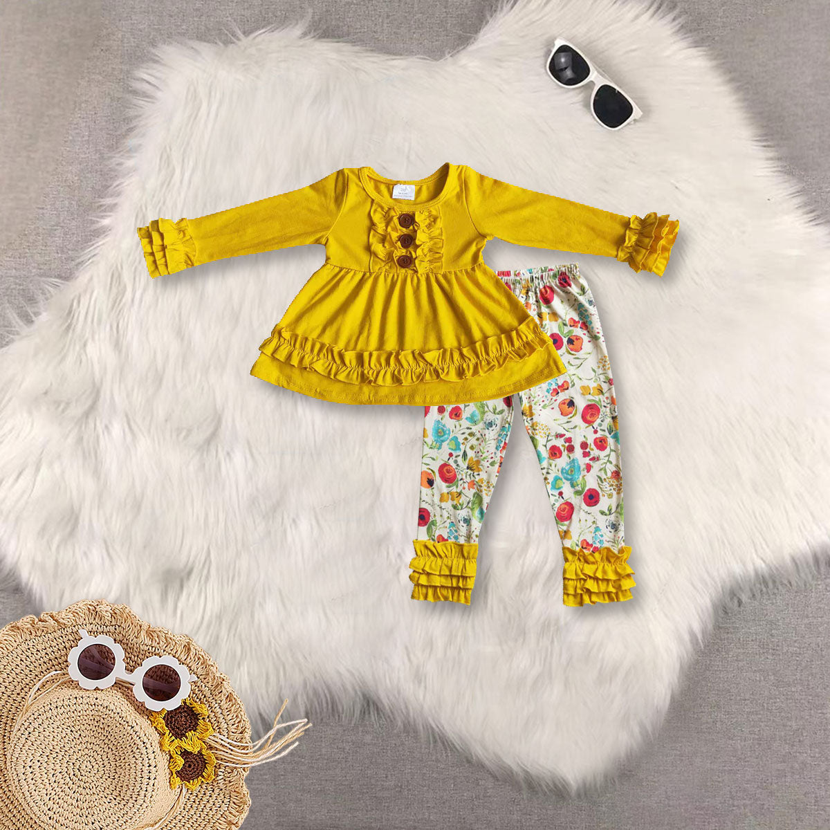 RTS NO MOQ Sibling baby girl clothes Solid Color Lace Cuff Long Sleeve Top & Ruffle Hem Mixed Long Sleeve Pants sets