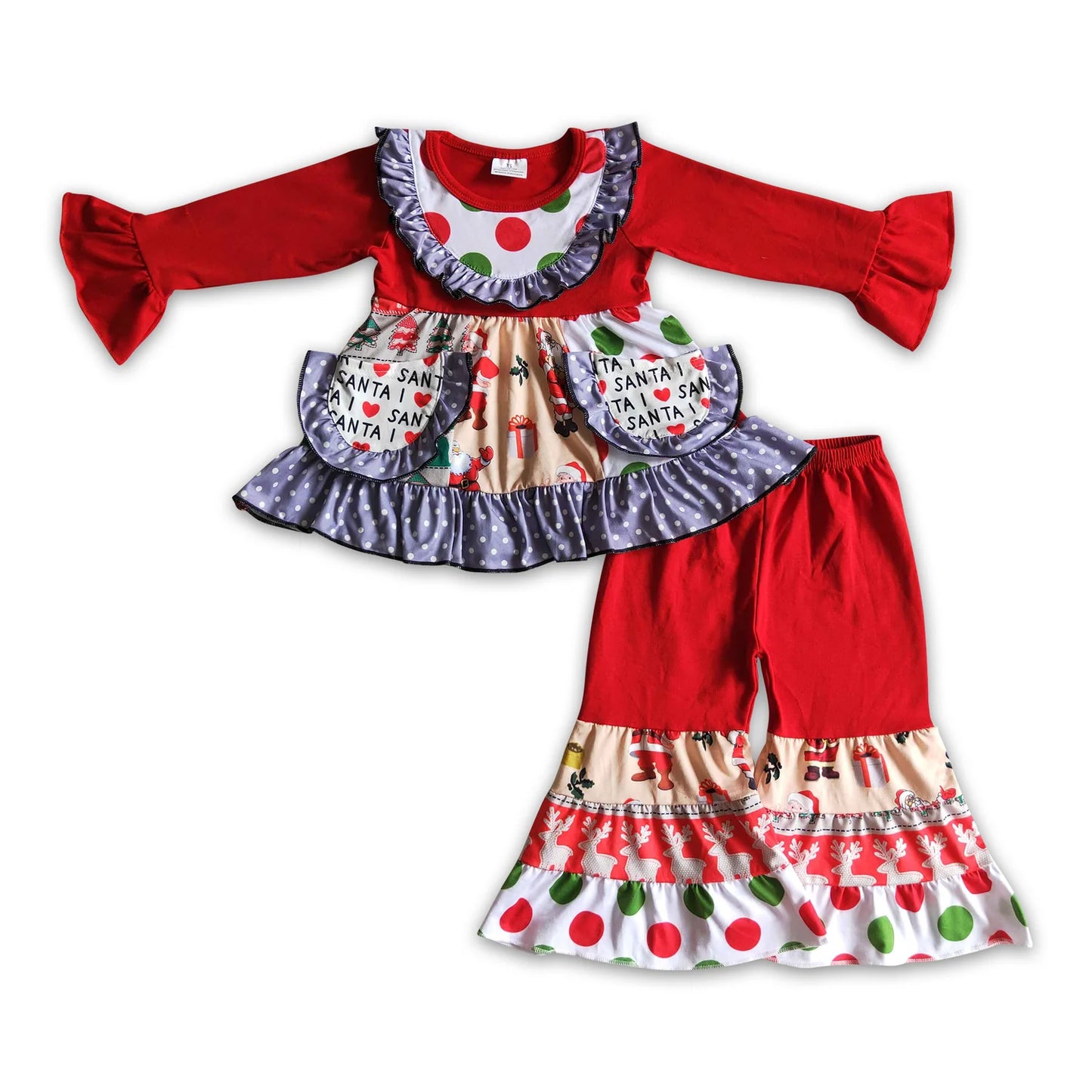 RTS NO MOQ Sibling milk silk Baby Girls Christmas Santa Ruffle Long Sleeve Top Ruffle Pants Outfit Set