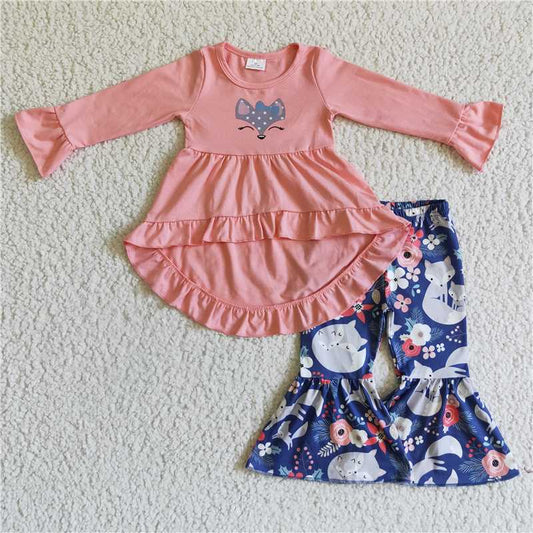 6 A24-19 Girls Cute Print Long Sleeve High Low Tunic Top Bell Bottom Flare Pants Casual Clothing Set