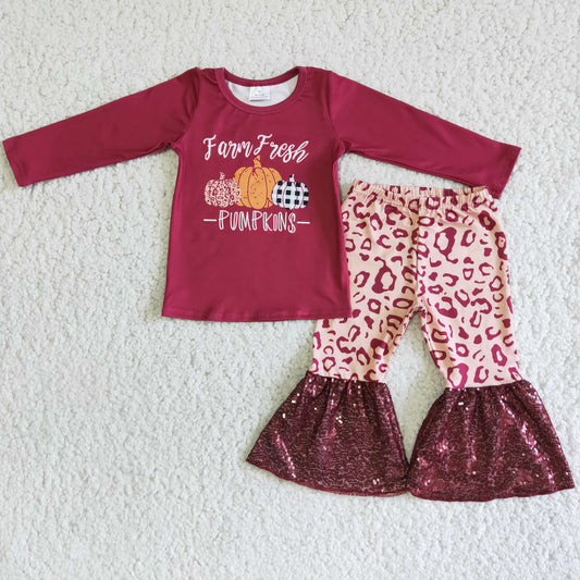 RTS NO MOQ（In Stock) 6 A25-14 Three-color pumpkin burgundy top burgundy sequined bell-bottom pants suit
