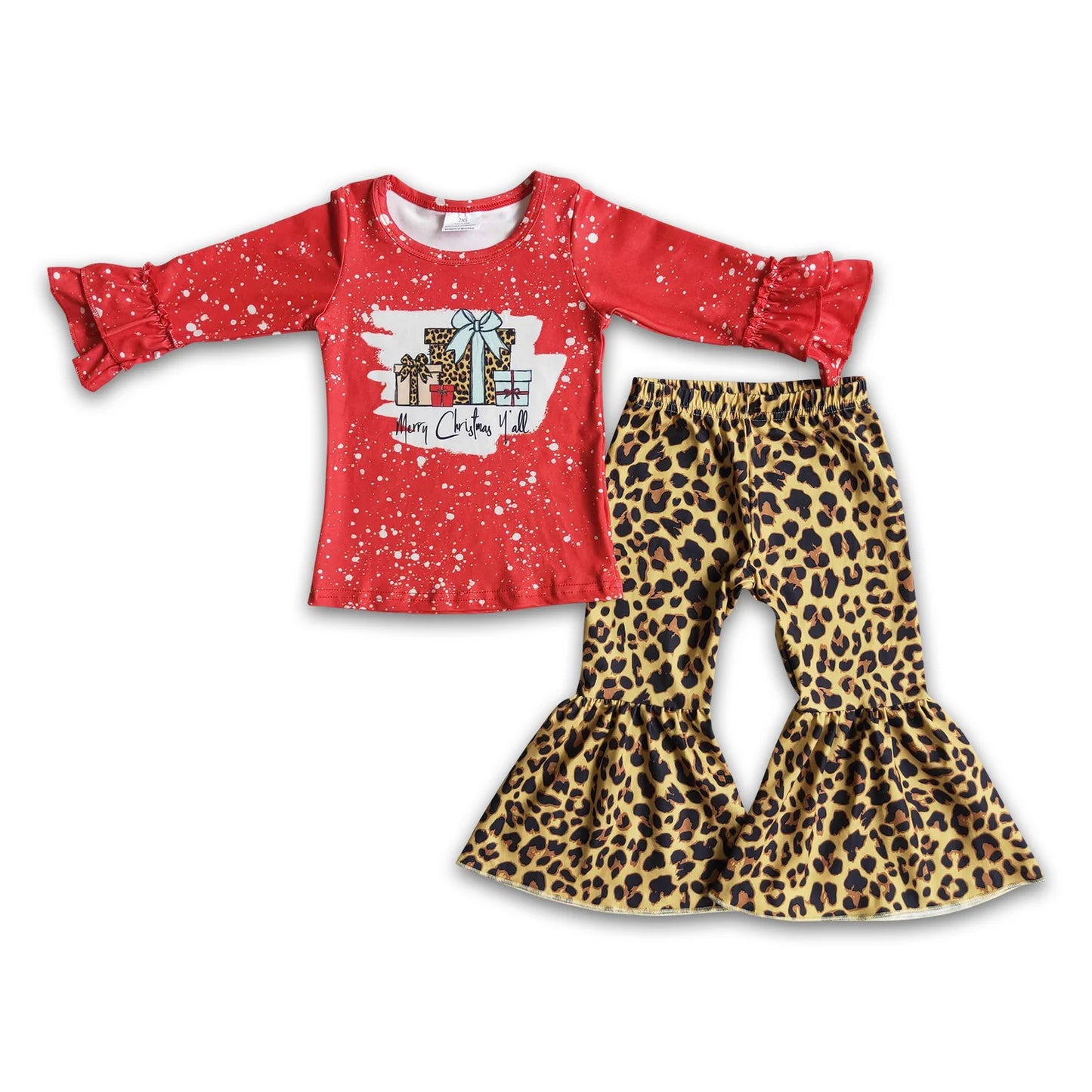RTS NO MOQ Sibling milk silk Baby Girls Christmas Tractor Tree Bell Print Long Sleeve Top And Flared Bell Bottom Pants Two Piece Holiday Clothes Set