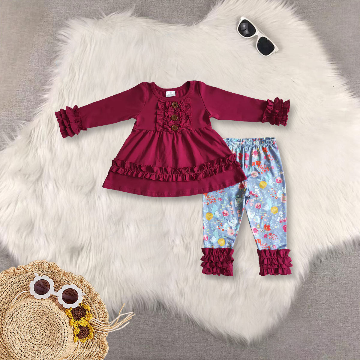 RTS NO MOQ Sibling baby girl clothes Solid Color Lace Cuff Long Sleeve Top & Ruffle Hem Mixed Long Sleeve Pants sets