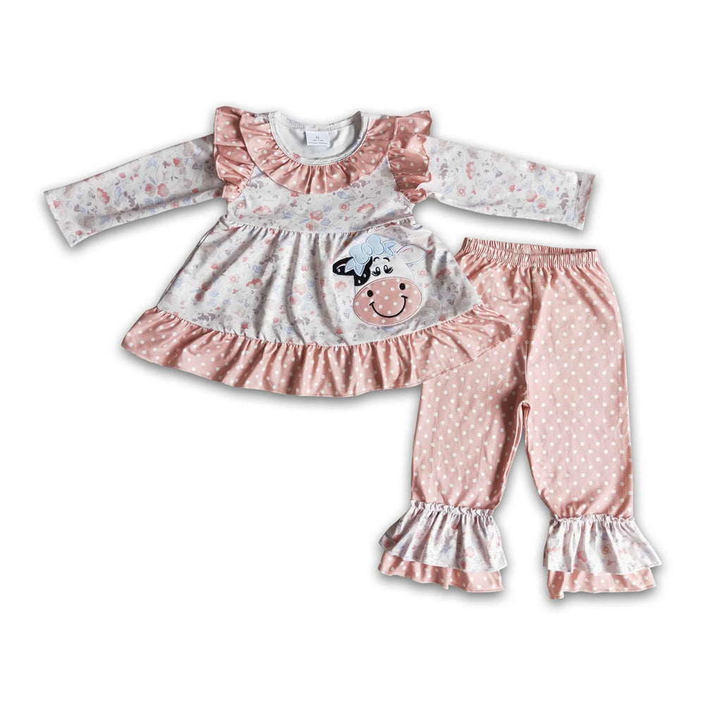 RTS NO MOQ Sibling milk silk Embroidery Baby Girls Pink Floral Cow Long Sleeve Top Legging Sets Romper