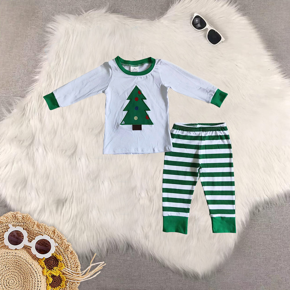 RTS NO MOQ Sibling baby girls boys clothes embroidery Christmas trees long-sleeved trousers suit