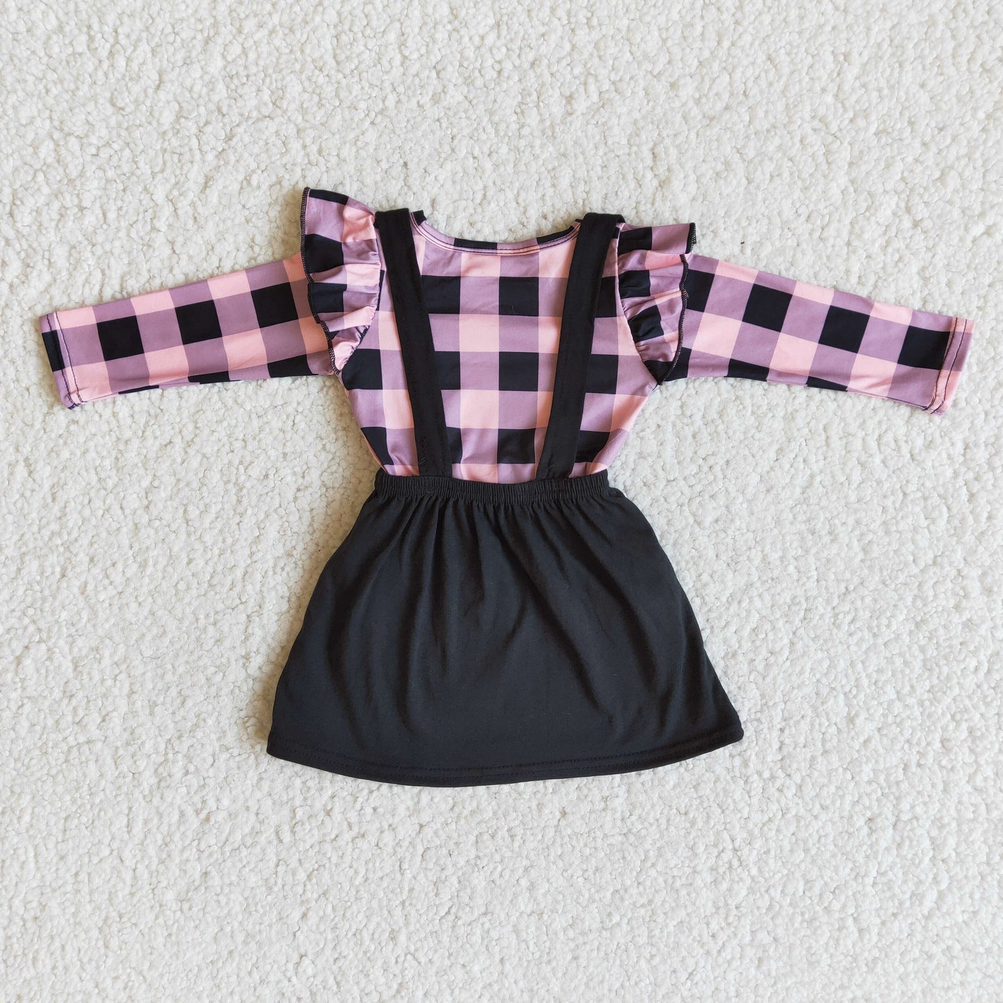RTS NO MOQ（In Stock) Small flying sleeve plaid top with embroidered heart and black suspender skirt