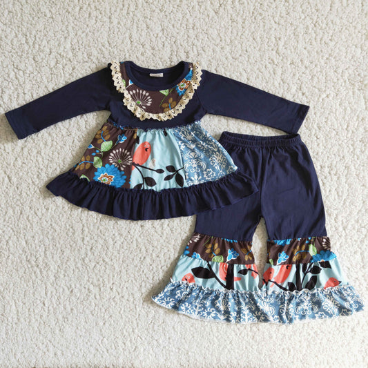 RTS NO MOQ 6 A29-26 Navy blue bird top bell bottoms long sleeves