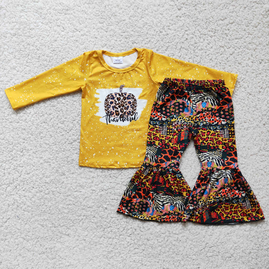 RTS NO MOQ（In Stock)  6 A3-16 Halloween Pumpkin Yellow Long Sleeve Flared Pants Suit