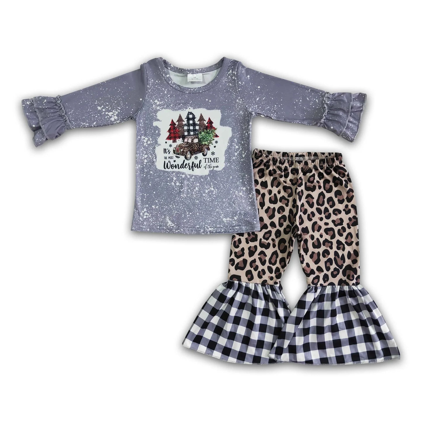 RTS NO MOQ Sibling milk silk Baby Girls Christmas Tractor Tree Bell Print Long Sleeve Top And Flared Bell Bottom Pants Two Piece Holiday Clothes Set