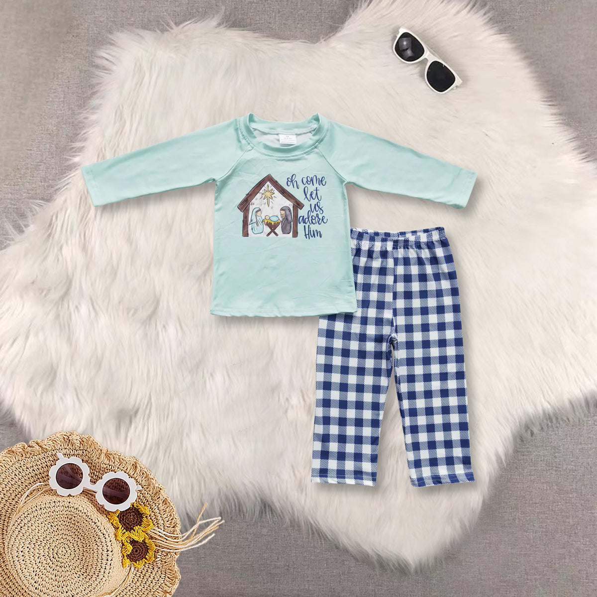 RTS NO MOQ Sibling baby boy girls clothes Embroidered Wooden House Mint Green Long Sleeve Top & Blue Plaid Trousers Set