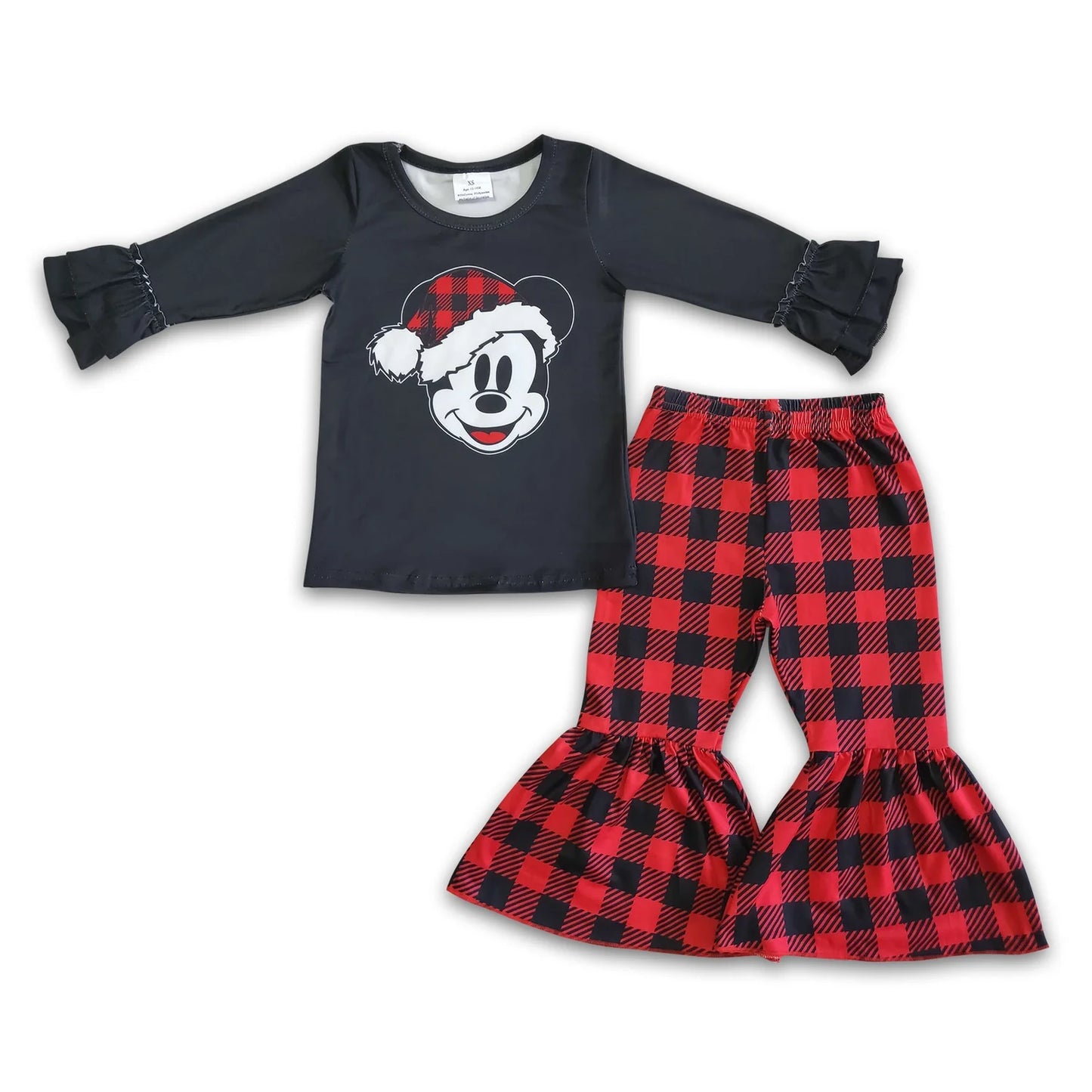 RTS NO MOQ Sibling milk silk Baby Girls Christmas Tractor Tree Bell Print Long Sleeve Top And Flared Bell Bottom Pants Two Piece Holiday Clothes Set