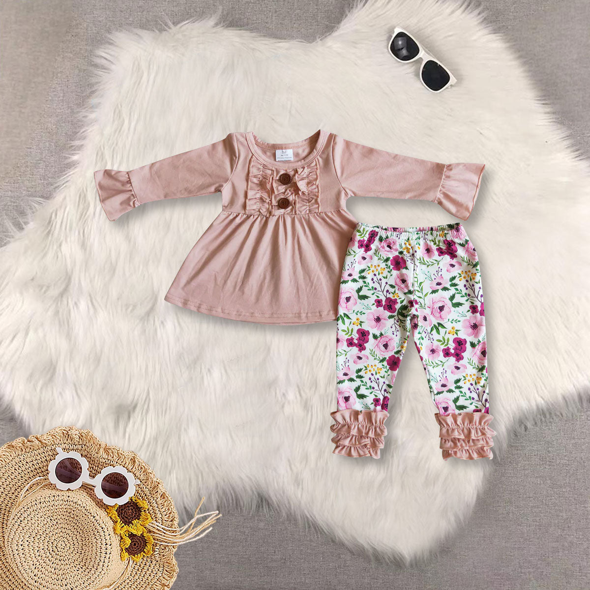 RTS NO MOQ Sibling baby girl clothes Solid Color Lace Cuff Long Sleeve Top & Ruffle Hem Mixed Long Sleeve Pants sets