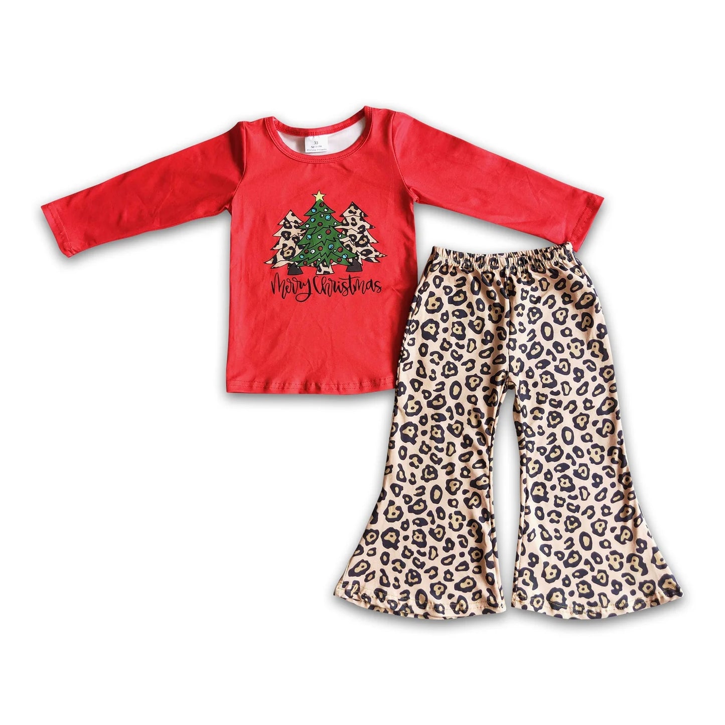RTS NO MOQ Sibling milk silk Baby Girls Christmas Black Red Holly Tree Top Bell Pants Set
