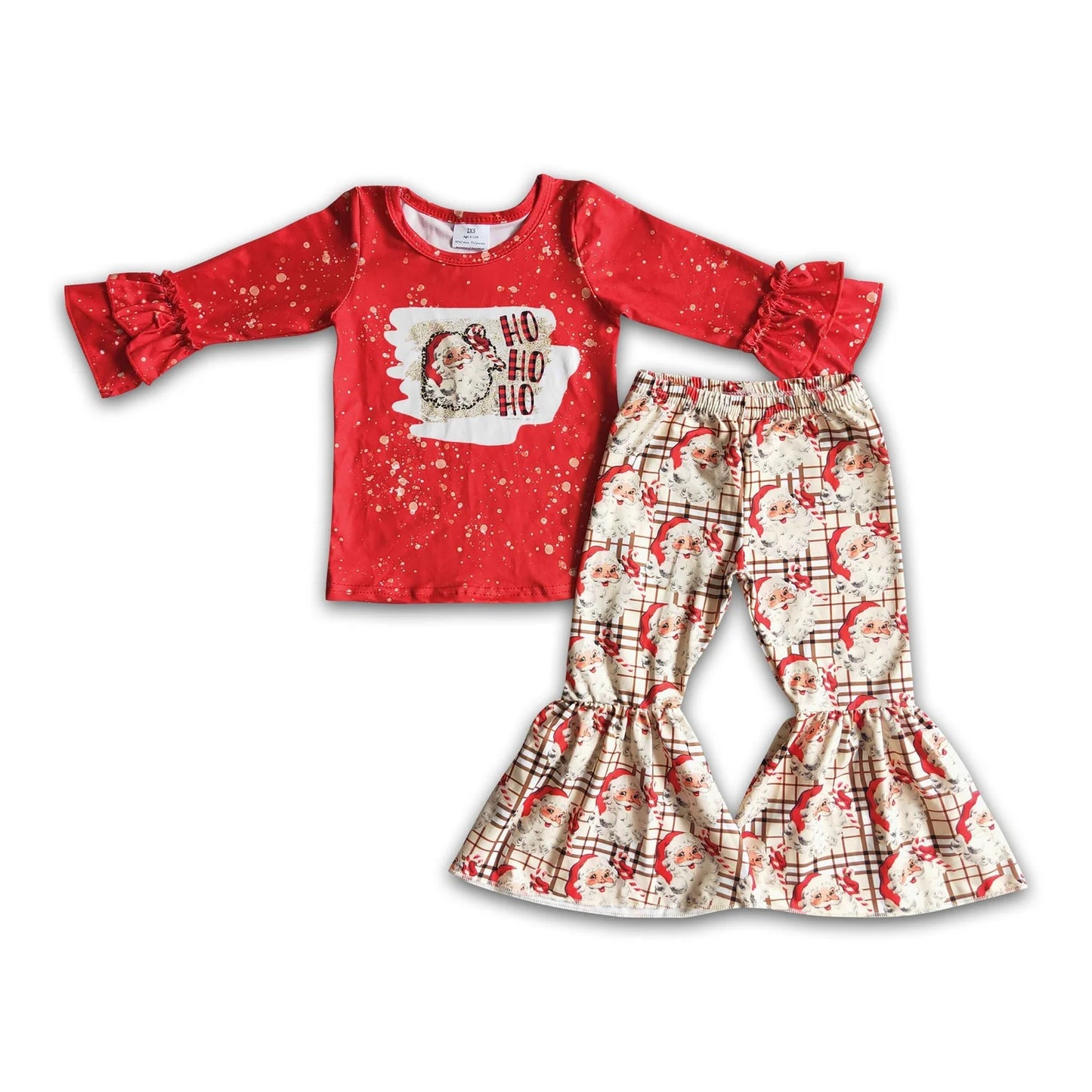 RTS NO MOQ Sibling milk silk Baby Girls Christmas Tractor Tree Bell Print Long Sleeve Top And Flared Bell Bottom Pants Two Piece Holiday Clothes Set