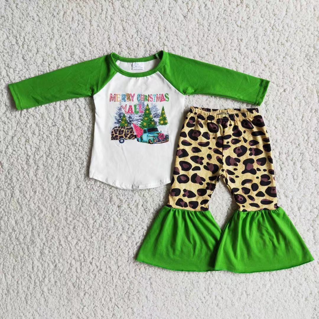 RTS NO MOQ Sibling milk silk Baby Girls Long Sleeve Top Bell Bottom Pants Holiday Clothes Set
