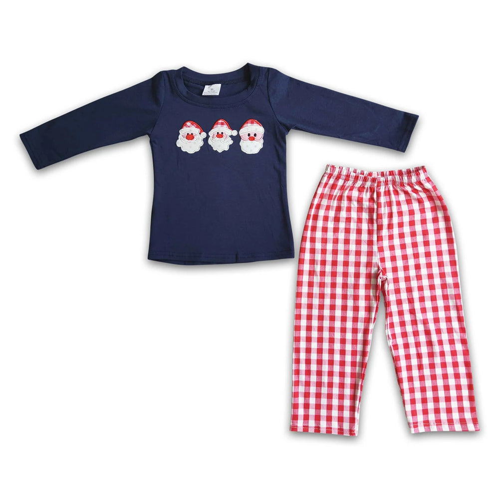 RTS NO MOQ Sibling milk silk Baby Boys Cute Blue Striped Santa Print Top Pants Holiday Photo Matching Outfit Sets