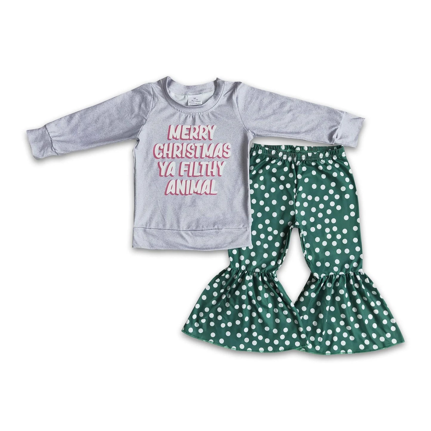 RTS NO MOQ Sibling milk silk Baby Girls Christmas Tractor Tree Bell Print Long Sleeve Top And Flared Bell Bottom Pants Two Piece Holiday Clothes Set