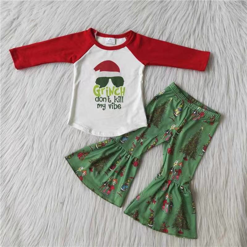 RTS NO MOQ Sibling milk silk Baby Girls Long Sleeve Top Bell Bottom Pants Holiday Clothes Set