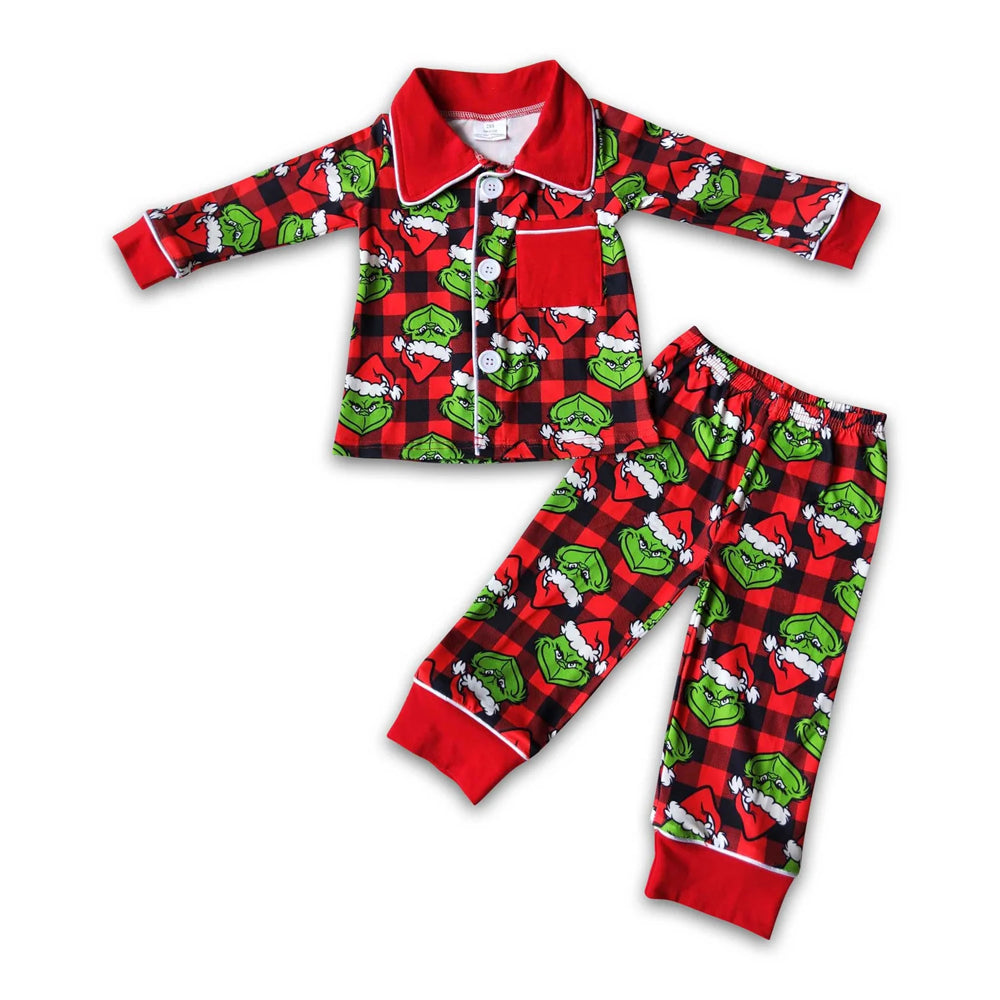 RTS NO MOQ Sibling milk silk Baby Boys Christmas Farm  Button Up Top  Pants Sleep Matching Outfits