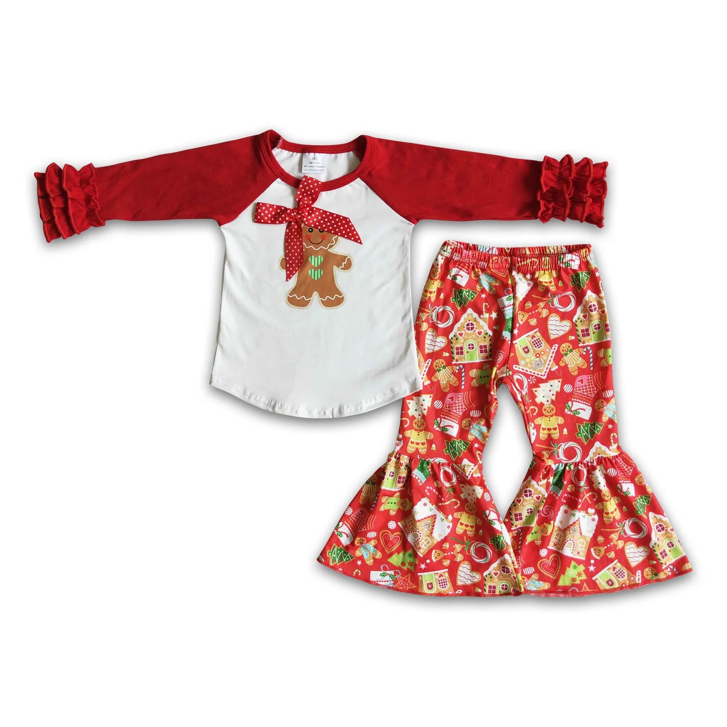 RTS NO MOQ Sibling milk silk Baby Girls Long Sleeve Top Bell Bottom Pants Holiday Clothes Set