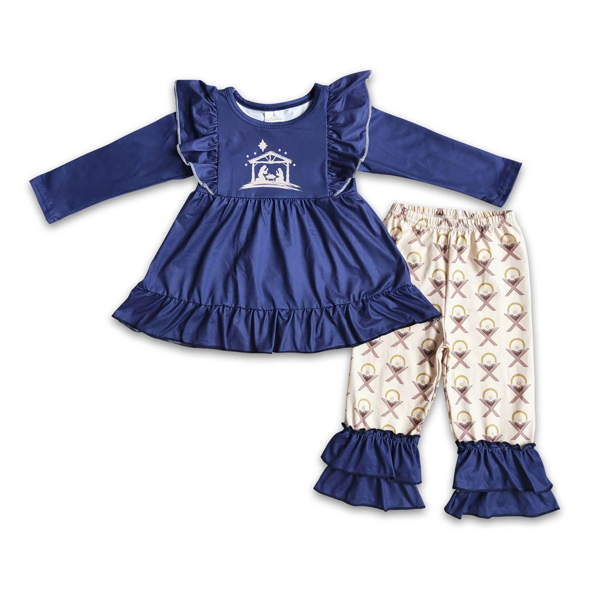 RTS NO MOQ Sibling Baby Girls Christmas trees Long Sleeve Pants Set