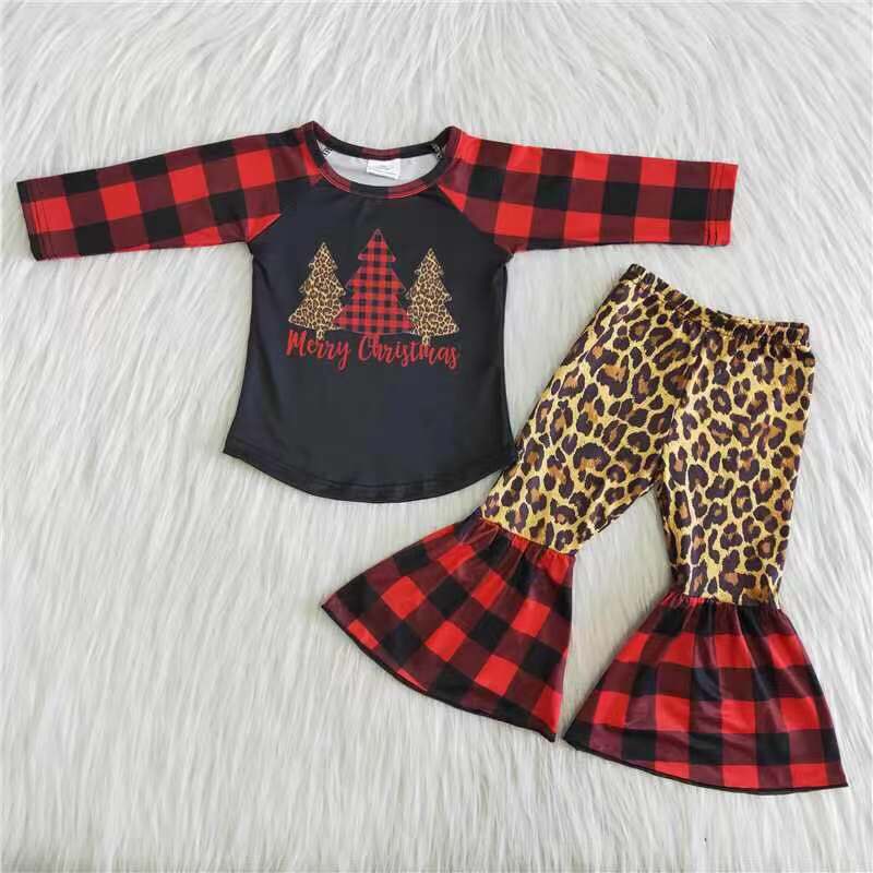 RTS NO MOQ Sibling milk silk Baby Girls Long Sleeve Top Bell Bottom Pants Holiday Clothes Set
