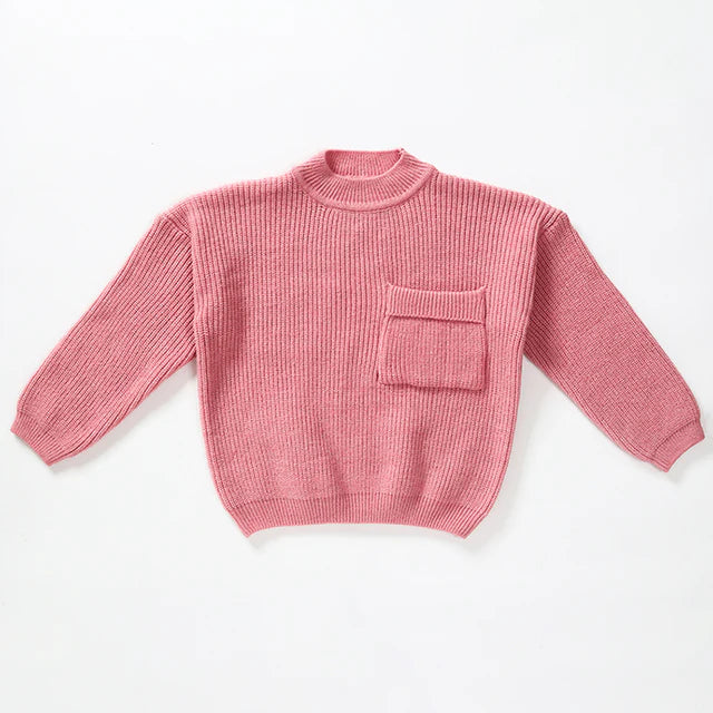 RTS NO MOQ Sibling Sweater Toddler Kids Solid Color Front Pocket Crew Neck Knit Sweater