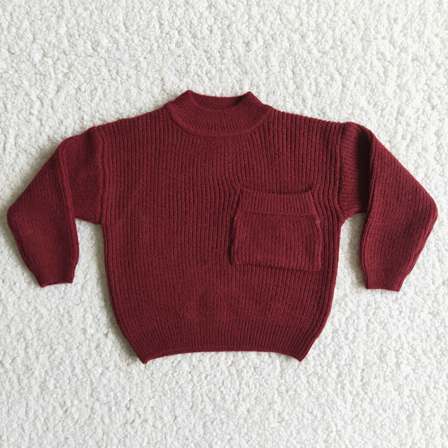 RTS NO MOQ Sibling Sweater Toddler Kids Solid Color Front Pocket Crew Neck Knit Sweater