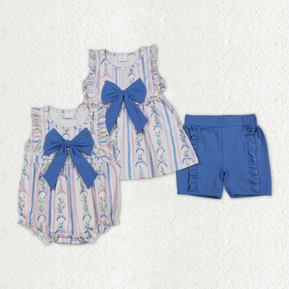 RTS NO MOQ Sibling Baby girls clothes floral sleeveless shorts suit & rompers