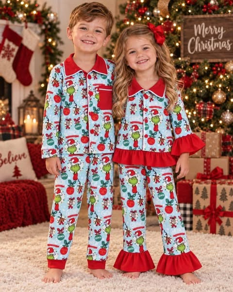 RTS NO MOQ Sibling milk silk Boys And Girls Christmas Button Down Collared Pajama Set Red Ruffle Trim Sleepwear