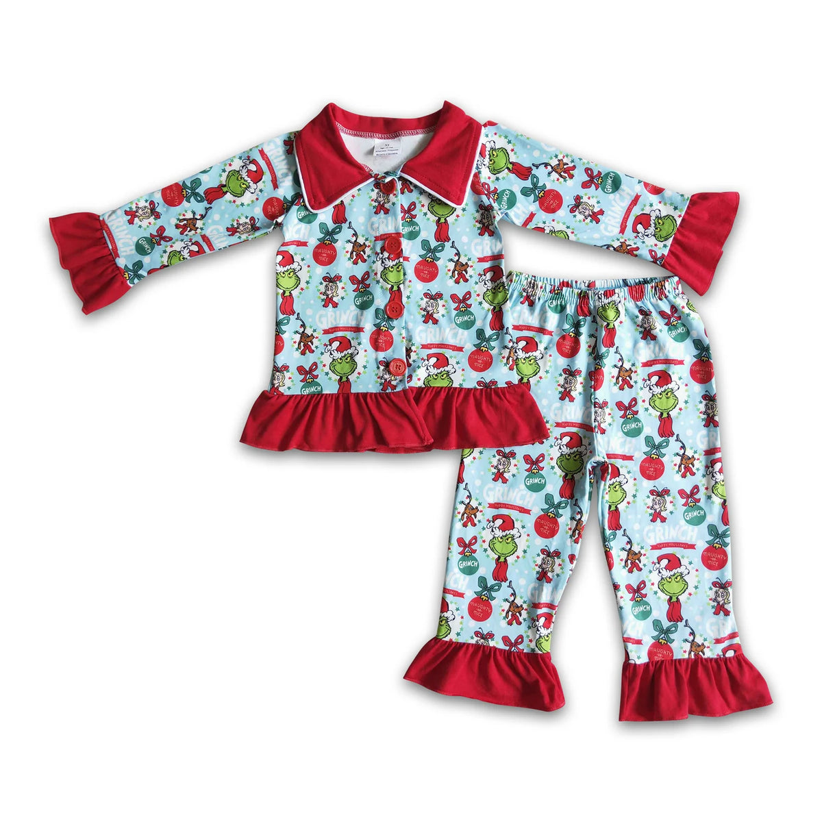 RTS NO MOQ Sibling milk silk Boys And Girls Christmas Button Down Collared Pajama Set Red Ruffle Trim Sleepwear