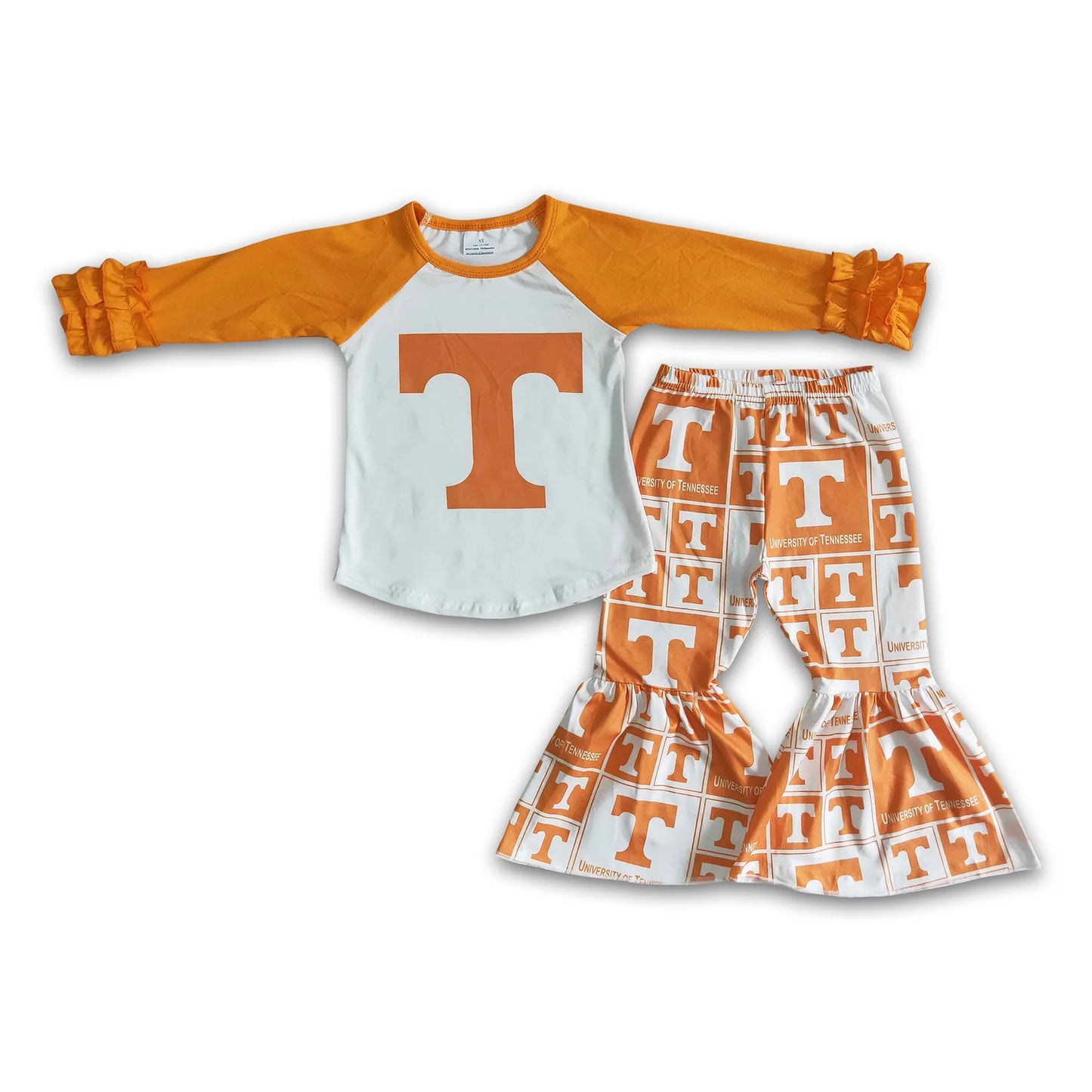RTS NO MOQ Sibling milk silk Baby Girls Boys Orange Top Bell Bottom Pants Team Set Button Polo Shirts Top