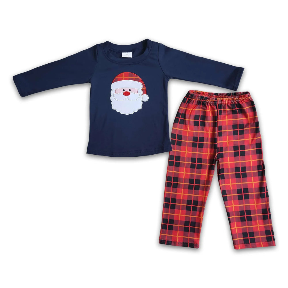 RTS NO MOQ Sibling milk silk Baby Boys Cute Blue Striped Santa Print Top Pants Holiday Photo Matching Outfit Sets