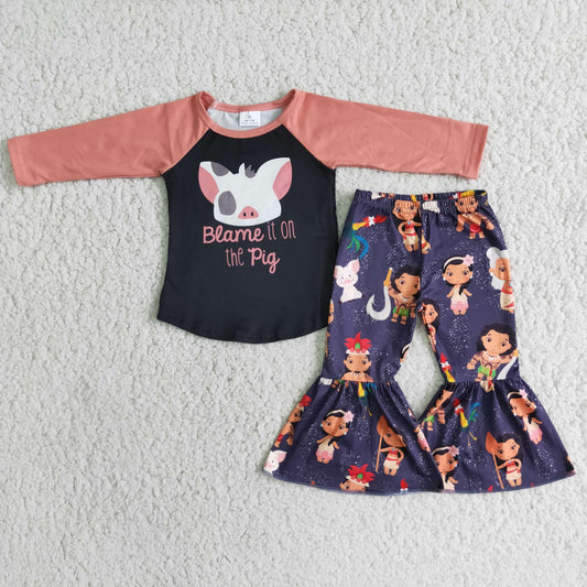 RTS NO MOQ ETA 5/7days Arrived  6 B3-40 blame it on the pig long sleeve pig top flared pants suit