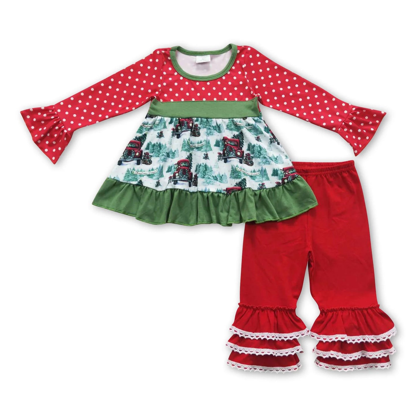 RTS NO MOQ Sibling milk silk Baby Girls Christmas Ruffle Long Sleeve Top Ruffle Pants Clothes Set