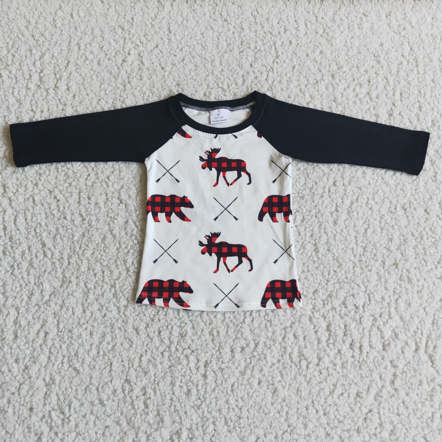 RTS NO MOQ（In Stock) 6 B6-32 Plaid Bear Black Long Sleeve Boys Top