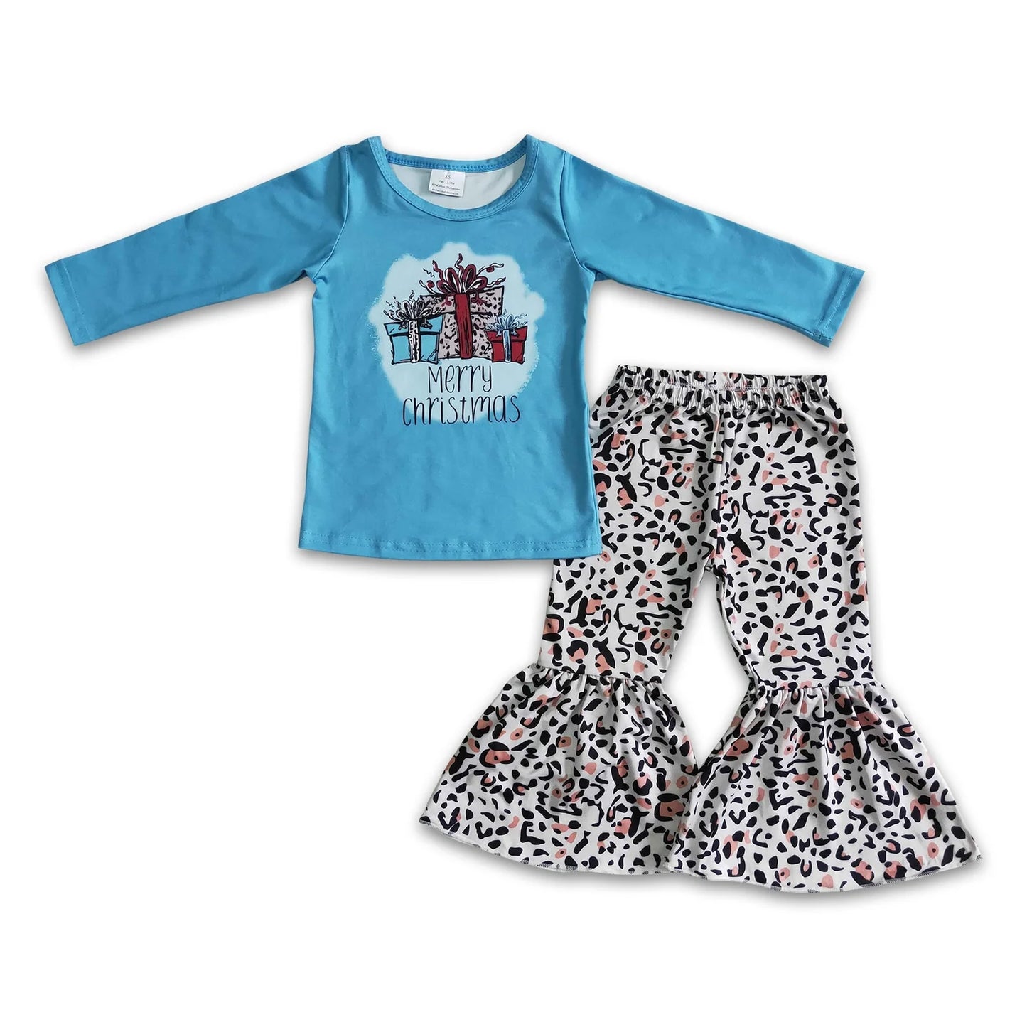 RTS NO MOQ Sibling milk silk Baby Girls Christmas Tractor Tree Bell Print Long Sleeve Top And Flared Bell Bottom Pants Two Piece Holiday Clothes Set