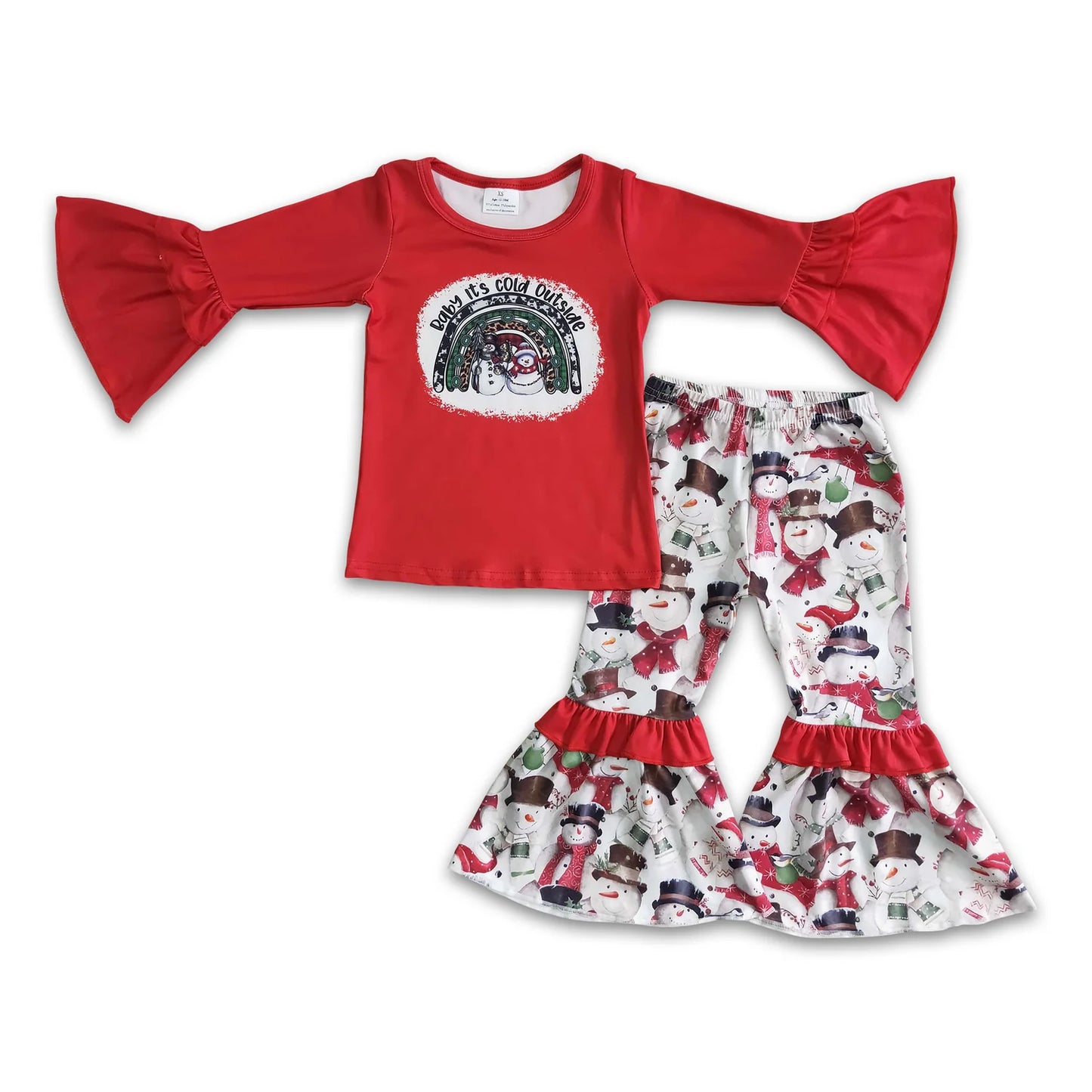 RTS NO MOQ Sibling milk silk Baby Girls Christmas Tractor Tree Bell Print Long Sleeve Top And Flared Bell Bottom Pants Two Piece Holiday Clothes Set