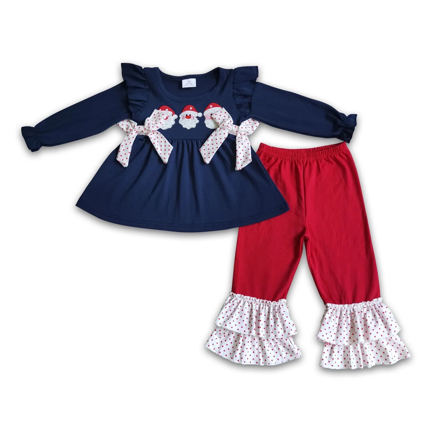 RTS NO MOQ Sibling milk silk Baby Girls Christmas Gingerbread Bow Print Long Sleeve Tunic Top And Ruffle Pants Set