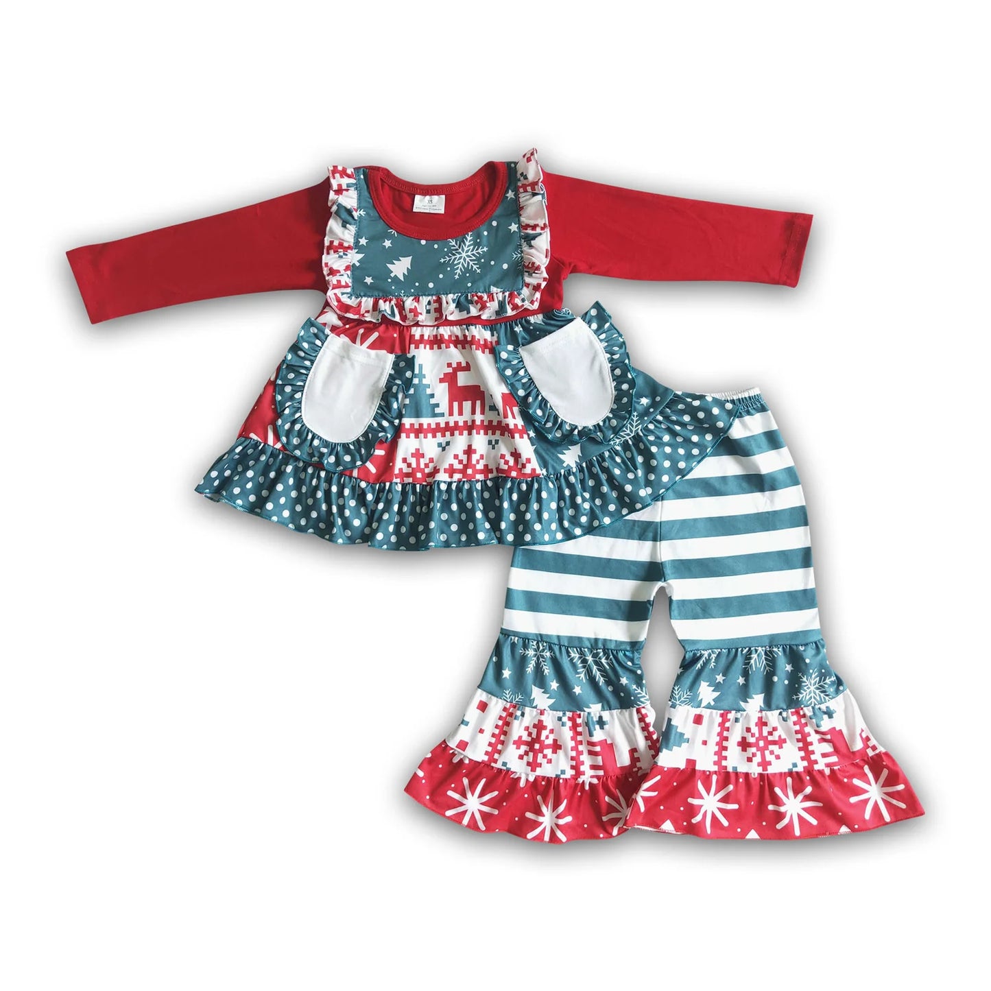 RTS NO MOQ Sibling milk silk Baby Girls Christmas Santa Ruffle Long Sleeve Top Ruffle Pants Outfit Set