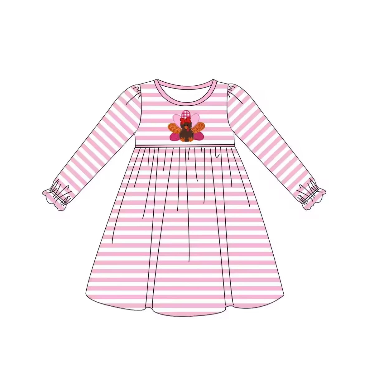 Custom moq 3 eta 6-8weeks Pink and White Striped Bird Lace Cuff Long Dress