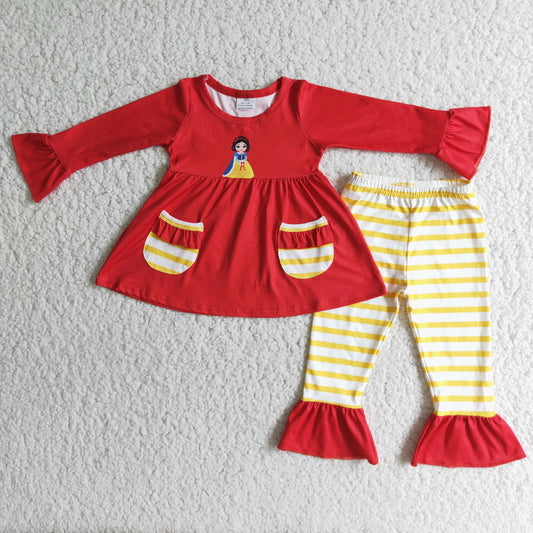 6 C10-16 Girls Pocket Red Top Yellow Striped Pants Suit
