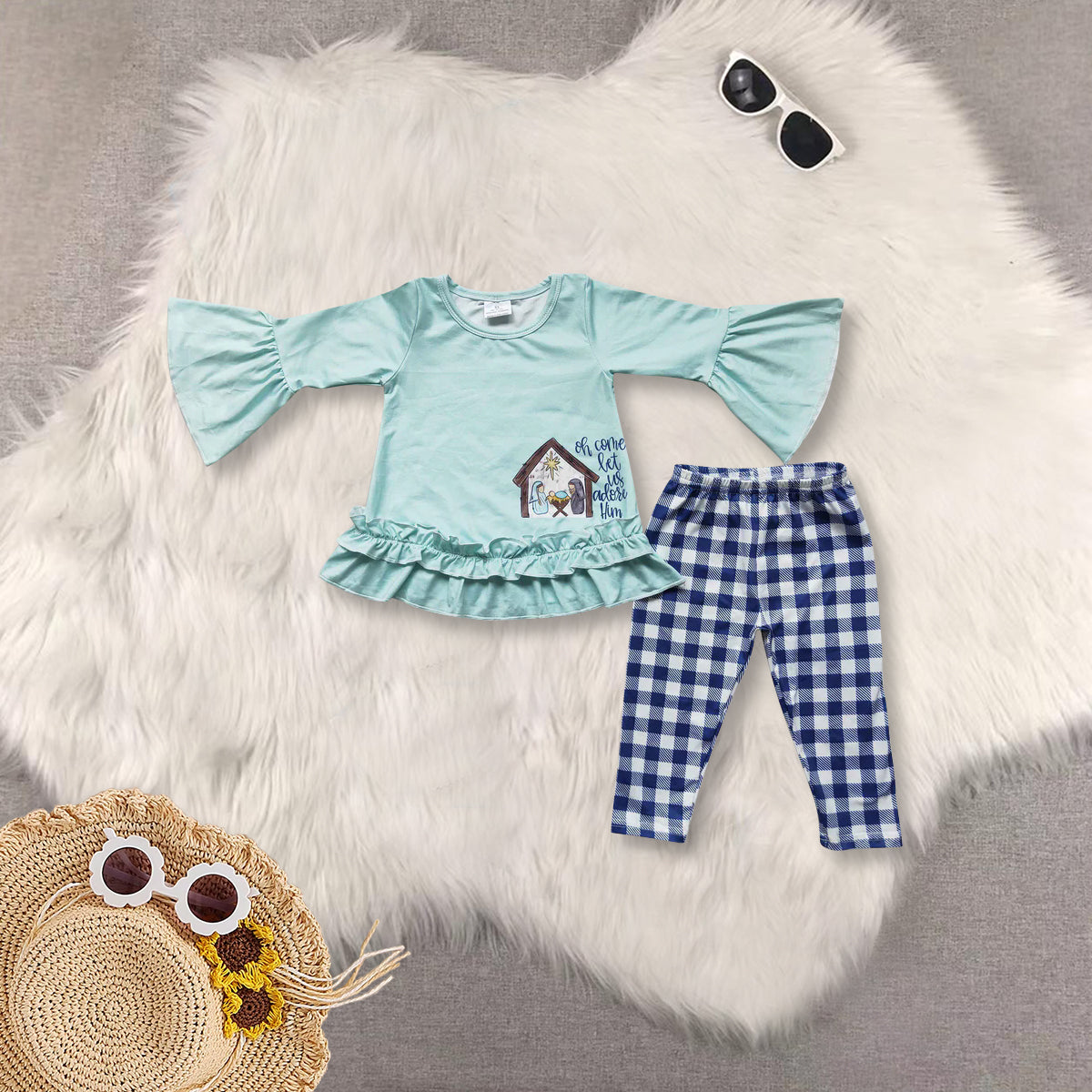 RTS NO MOQ Sibling baby boy girls clothes Embroidered Wooden House Mint Green Long Sleeve Top & Blue Plaid Trousers Set