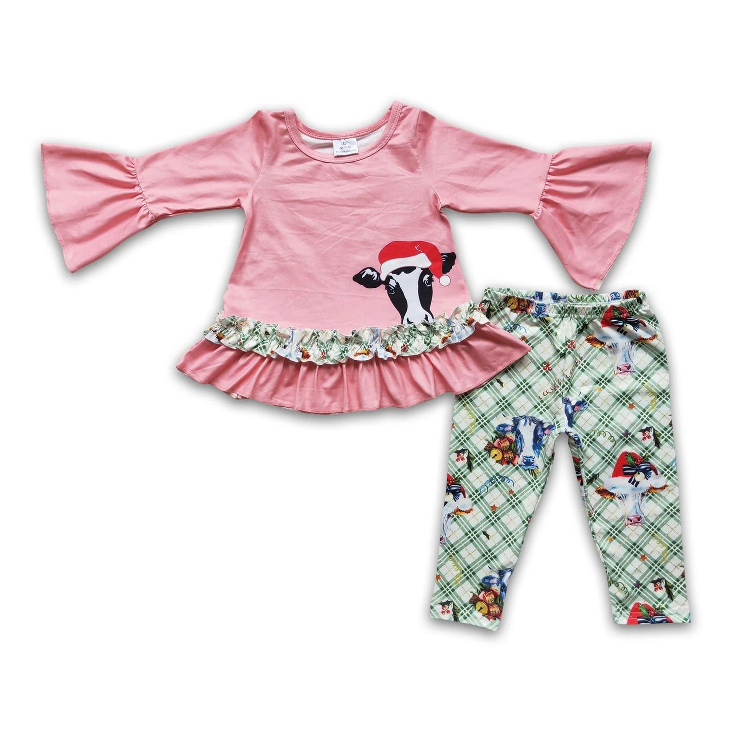 RTS NO MOQ Sibling milk silk Baby Girls Christmas Pink Santa Print Long Sleeve Top And Leggings Set