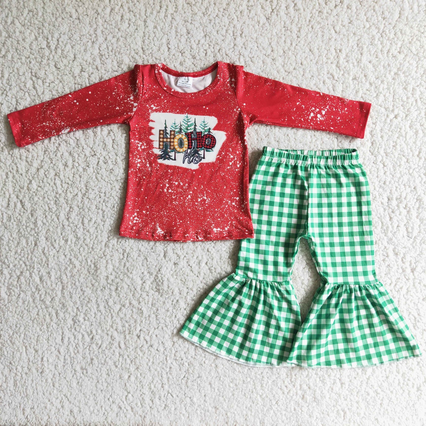 RTS NO MOQ（In Stock ) 6 C10-9 HOHO red long-sleeved top green plaid bell pants suit