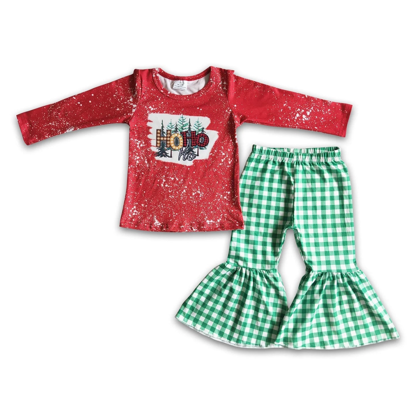 RTS NO MOQ Sibling milk silk Baby Girls Christmas Tractor Tree Bell Print Long Sleeve Top And Flared Bell Bottom Pants Two Piece Holiday Clothes Set