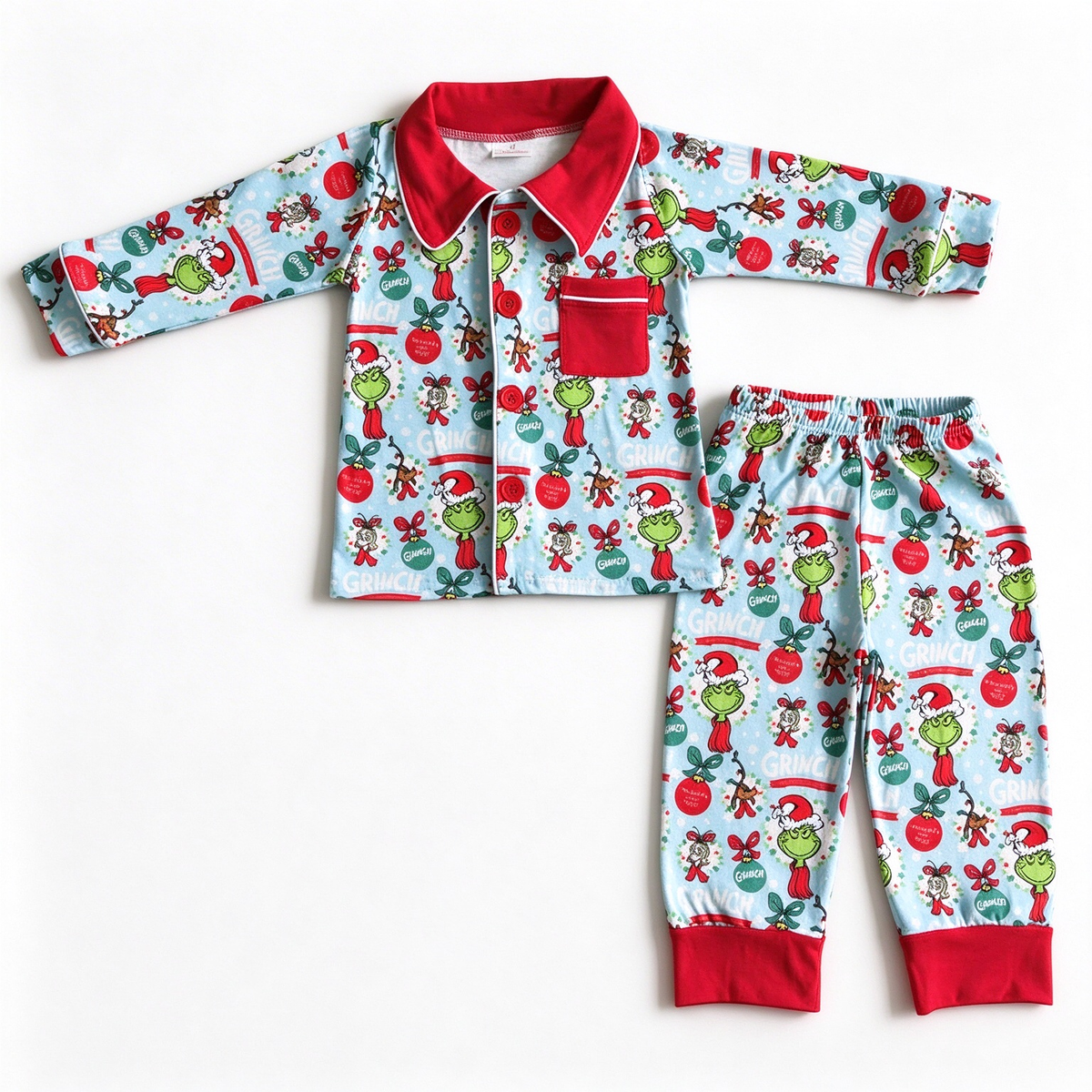 RTS NO MOQ Sibling milk silk Boys And Girls Christmas Button Down Collared Pajama Set Red Ruffle Trim Sleepwear