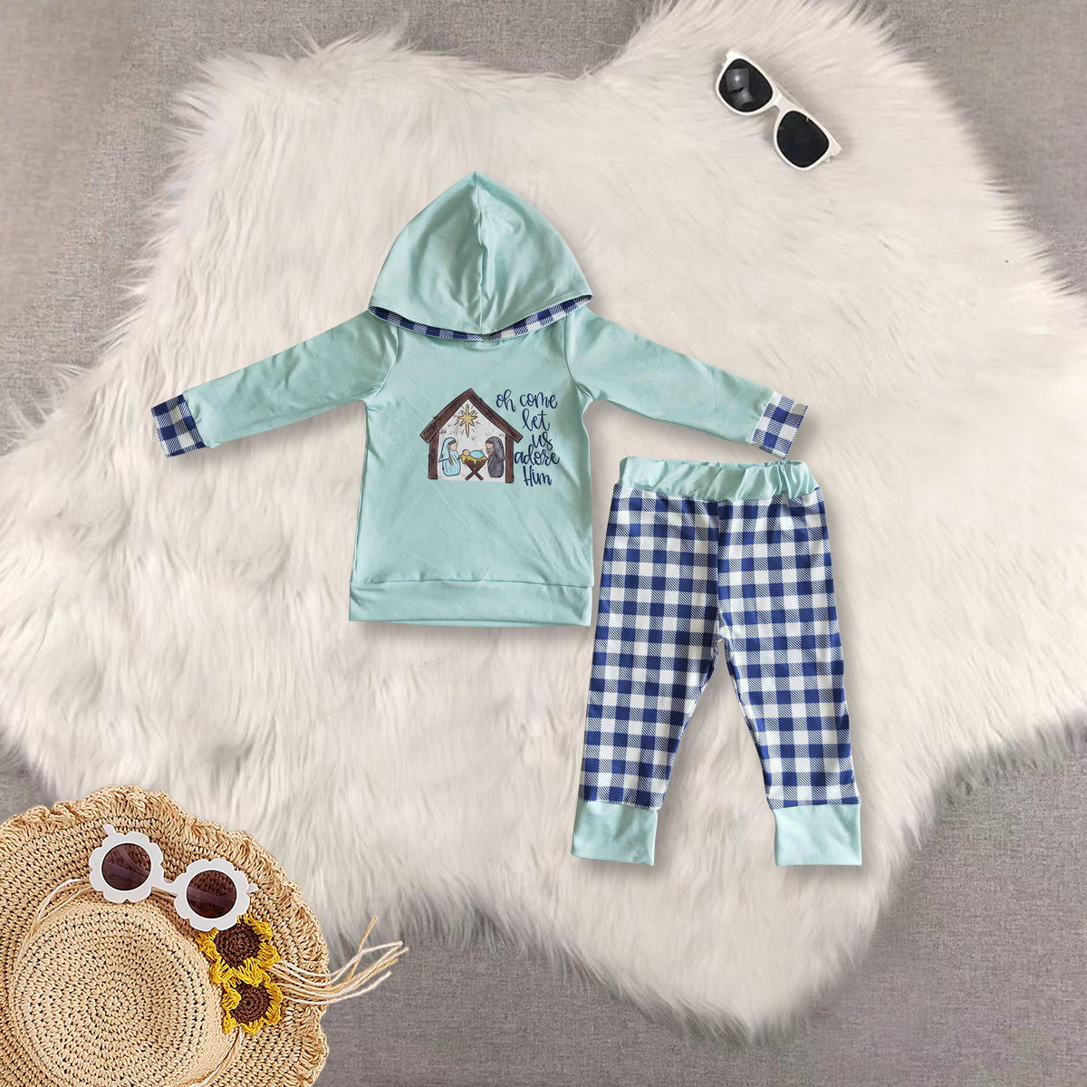 RTS NO MOQ Sibling baby boy girls clothes Embroidered Wooden House Mint Green Long Sleeve Top & Blue Plaid Trousers Set