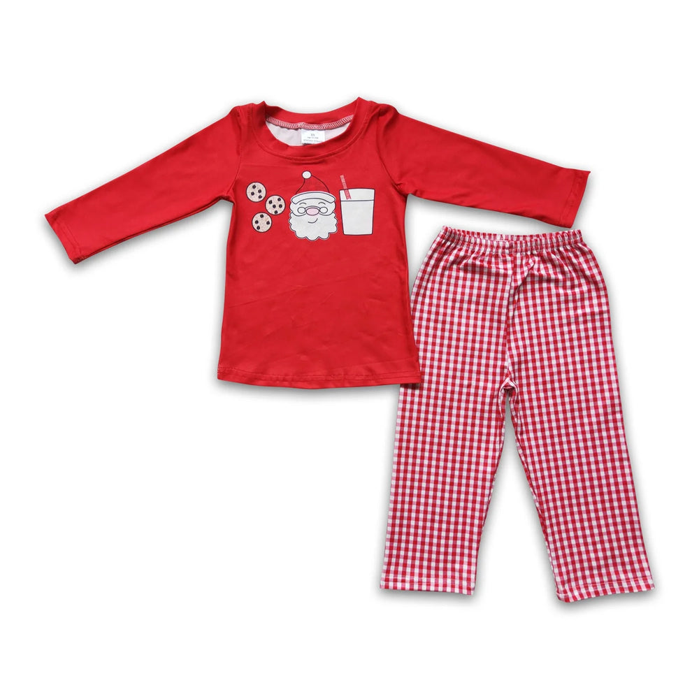 RTS NO MOQ Sibling milk silk Baby Boys Cookie Santa Milk Long Sleeve Top Loose Fit Pants Sleepwear Sets