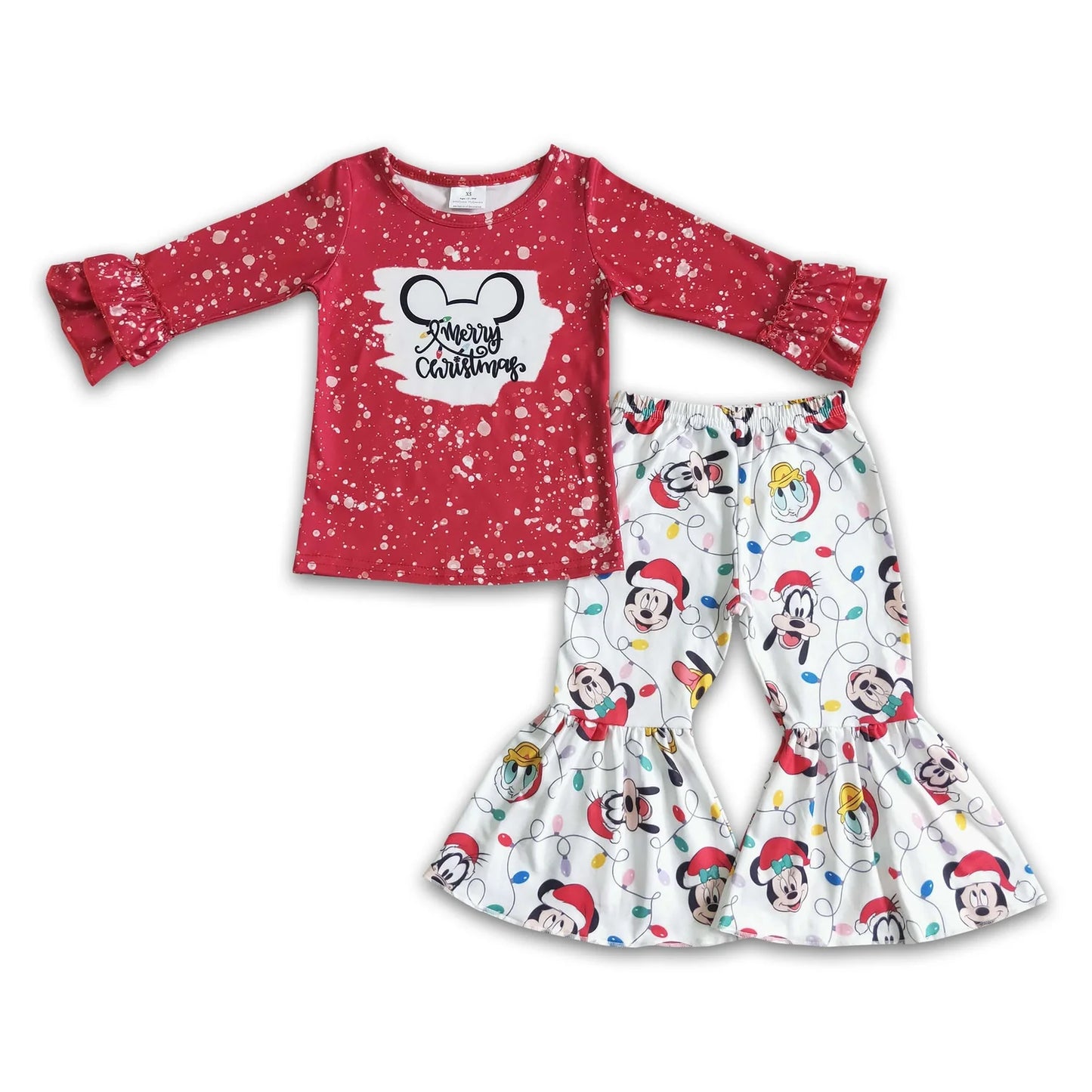 RTS NO MOQ Sibling milk silk Baby Girls Christmas Tractor Tree Bell Print Long Sleeve Top And Flared Bell Bottom Pants Two Piece Holiday Clothes Set
