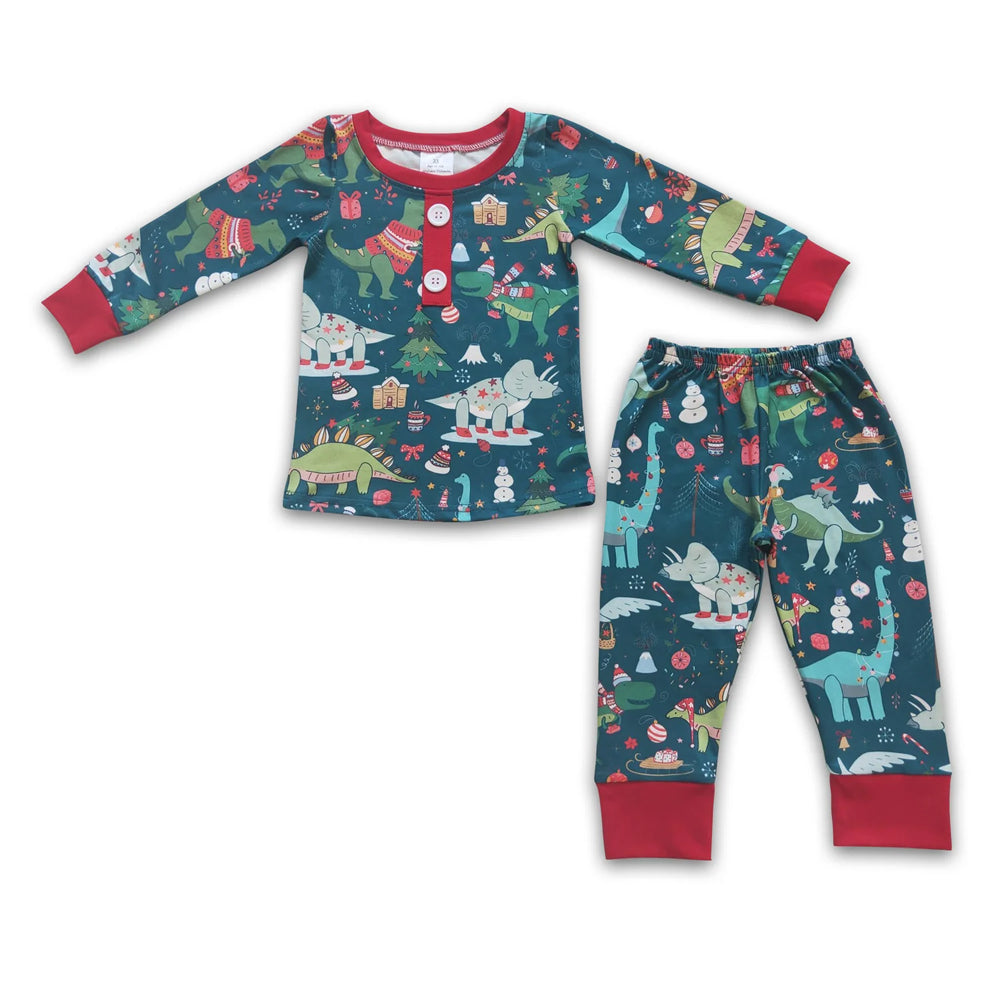 RTS NO MOQ Sibling milk silk Baby Boys Bamboo Christmas Dinosaur Print Top Pants Matching Pajamas Sets